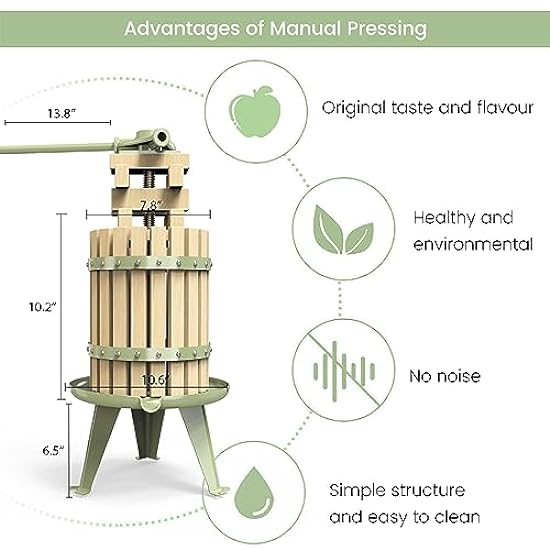Fruit Wine Press - 100% Nature/Healthy Apple&Grape Crusher Manual Juice Maker for Kitchen, Solid Wood Basket with Blocks Cider Wine Making Press (LFGB Certified,Heavy Duty) (1.6 Gallon, Green) 792774042