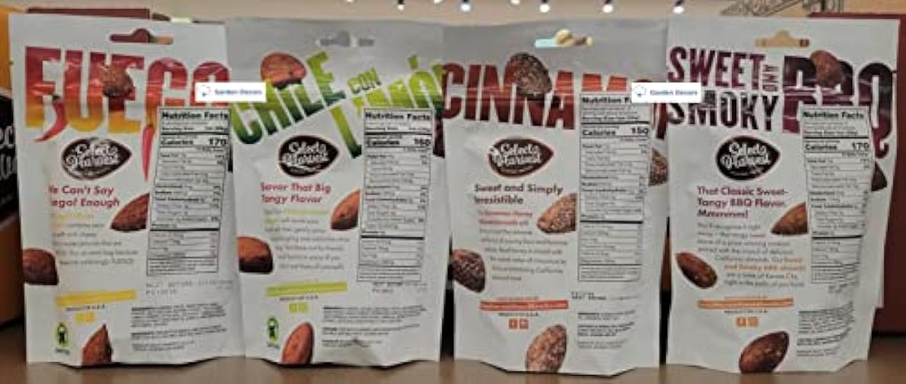 Select Harvest Almond Snacks Cinnamon, Smoky BBQ, Chile Con Limon, Fuego Cheez 6oz 170g (Four Bags) 78652006