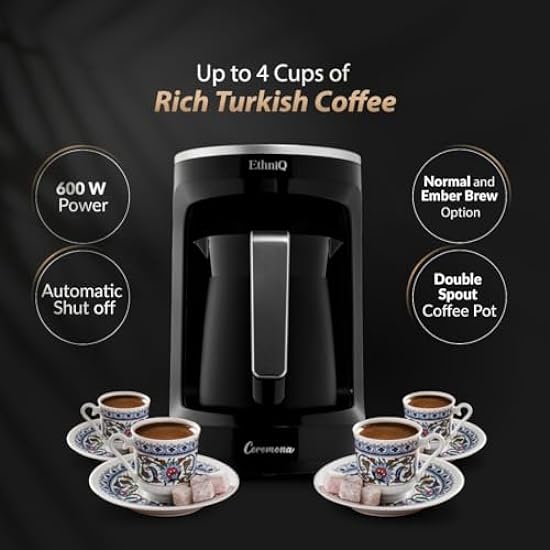 EthniQ Turkish Coffee Maker - 100% BPA Free, 120V, 1 to 4 Cup Brewing Capacity with Cook Sense Technology for Delicious Cup of Turkish & Greek Coffee, Turkish Coffee Pot - Ceremona - Black 511555959