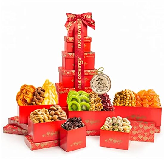 Nut Cravings Gourmet Collection - Dried Fruit & Mixed Nuts Gift Basket Red Tower + Heart Ribbon (12 Assortments) Easter Arrangement Platter, Healthy Kosher USA Made 265649596
