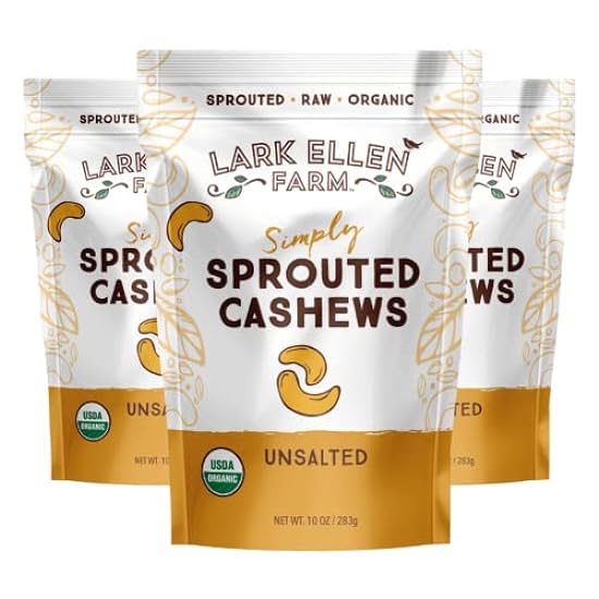 Lark Ellen Farm Whole Cashews, Unsalted Raw Sprouted Nuts, Certified USDA Organic, Gluten-Free, Vegan Snacks (10 oz, 3 pack) 554376519