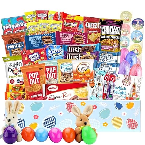 Easter Gift Basket (82 Count) Care Package with Two Plush Bunny Treats Snacks Cookies Candy Toys Gift Box for Kids Friends Children Family Boys Girls 593050468